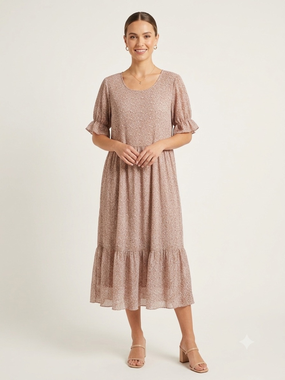 Floral Dusty Rose Ruffle-Sleeve Midi Dress